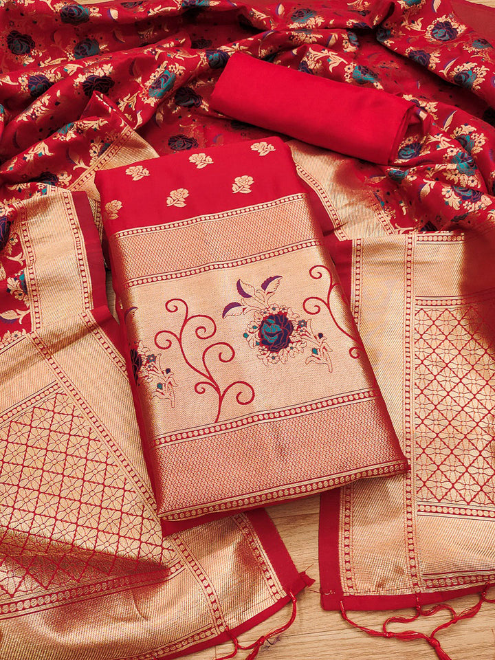Red Pure Soft Banarasi Silk Woven Design Unstitched Dress Material
