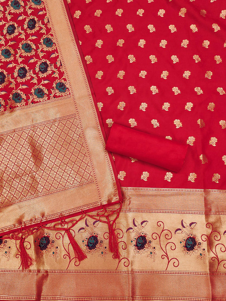 Red Pure Soft Banarasi Silk Woven Design Unstitched Dress Material