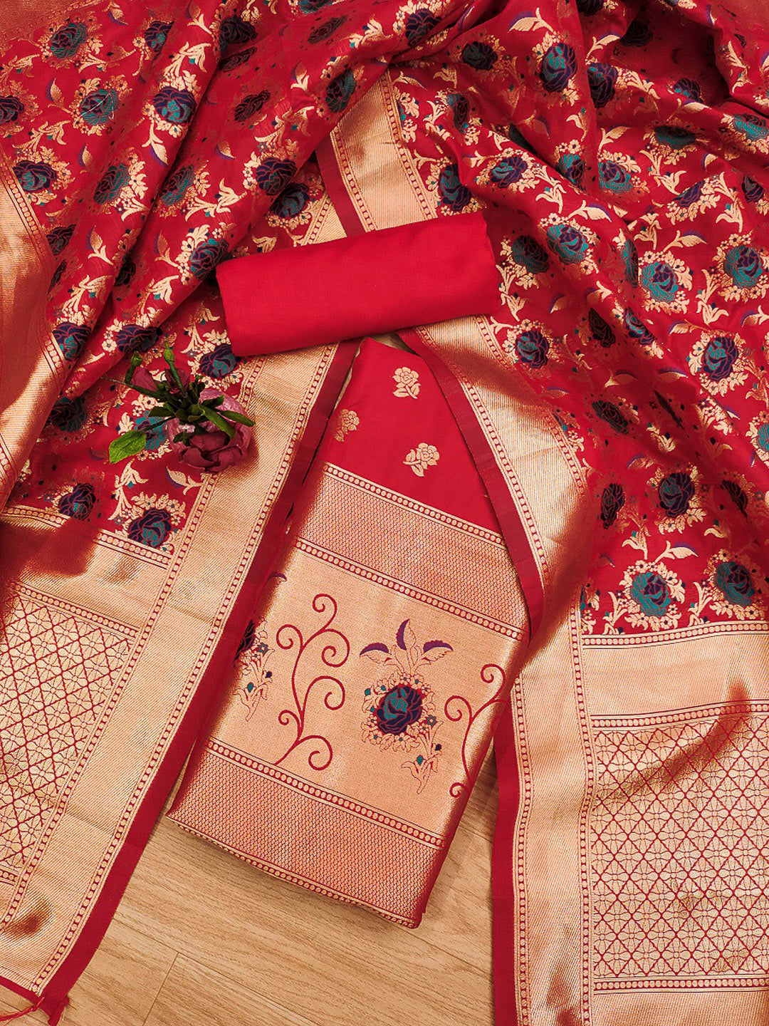 Red Pure Soft Banarasi Silk Woven Design Unstitched Dress Material