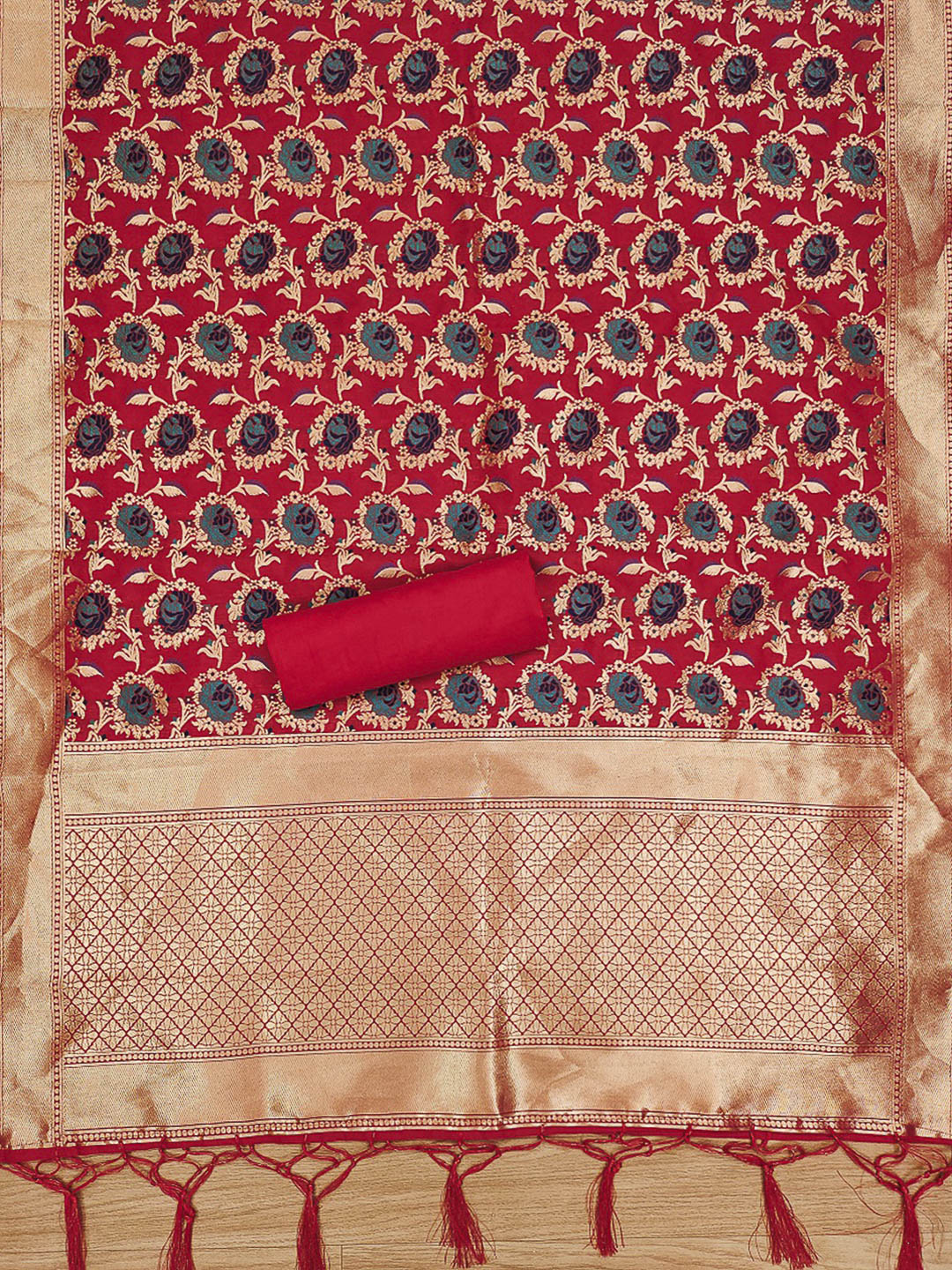 Red Pure Soft Banarasi Silk Woven Design Unstitched Dress Material