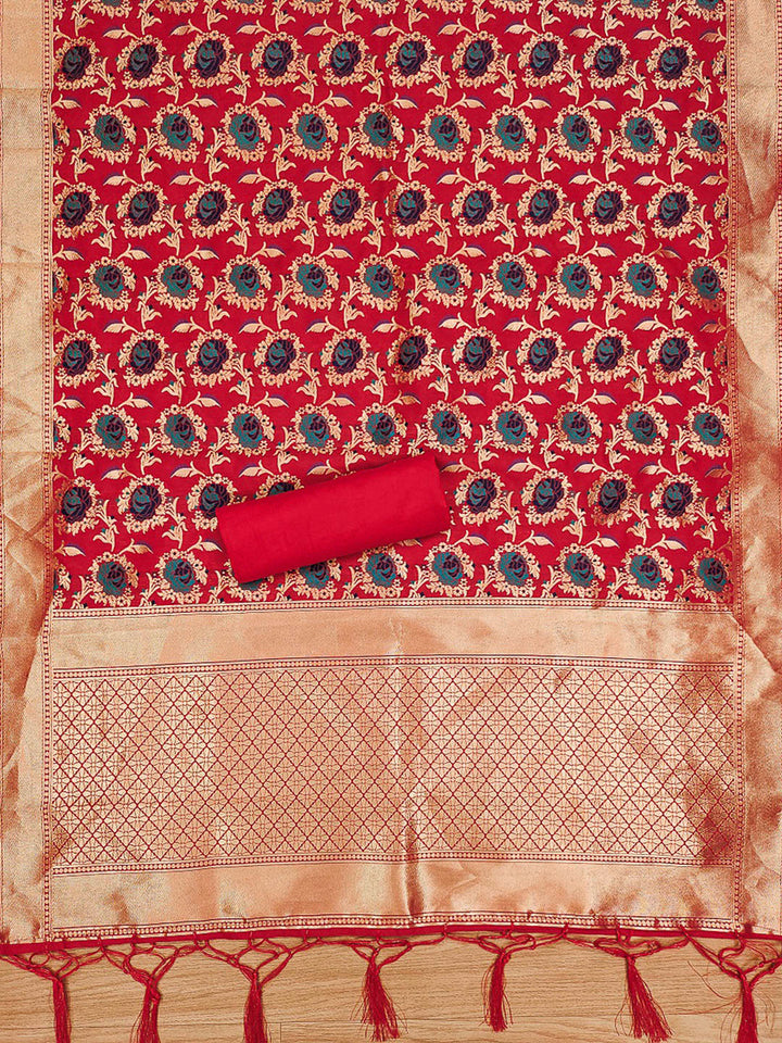Red Pure Soft Banarasi Silk Woven Design Unstitched Dress Material