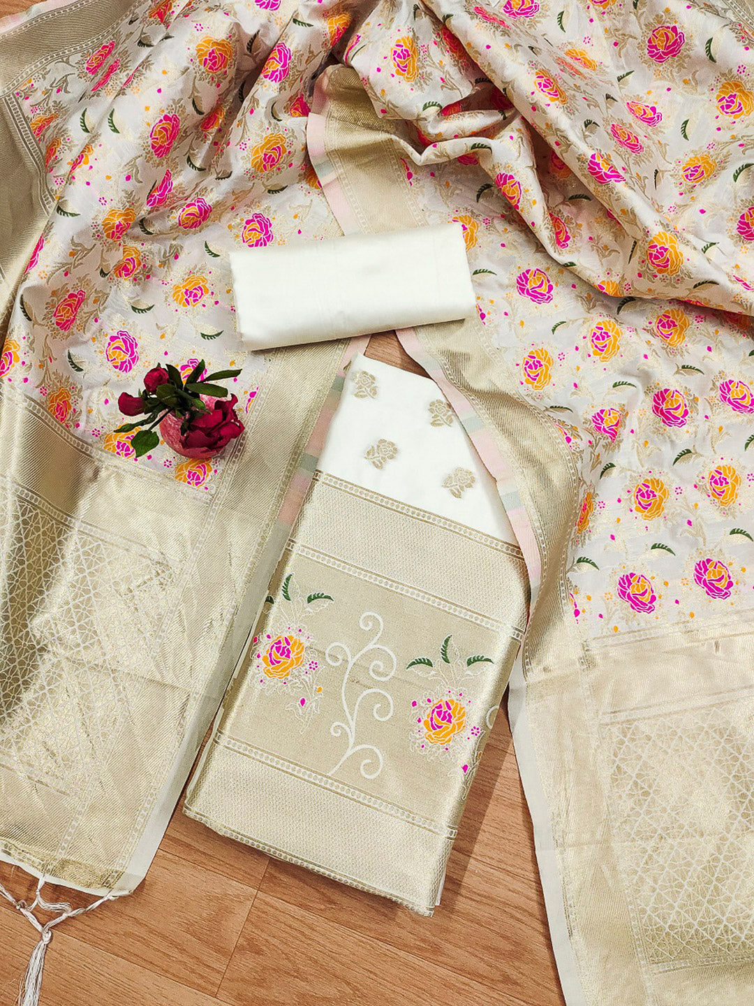White Pure Soft Banarasi Silk Woven Design Unstitched Dress Material