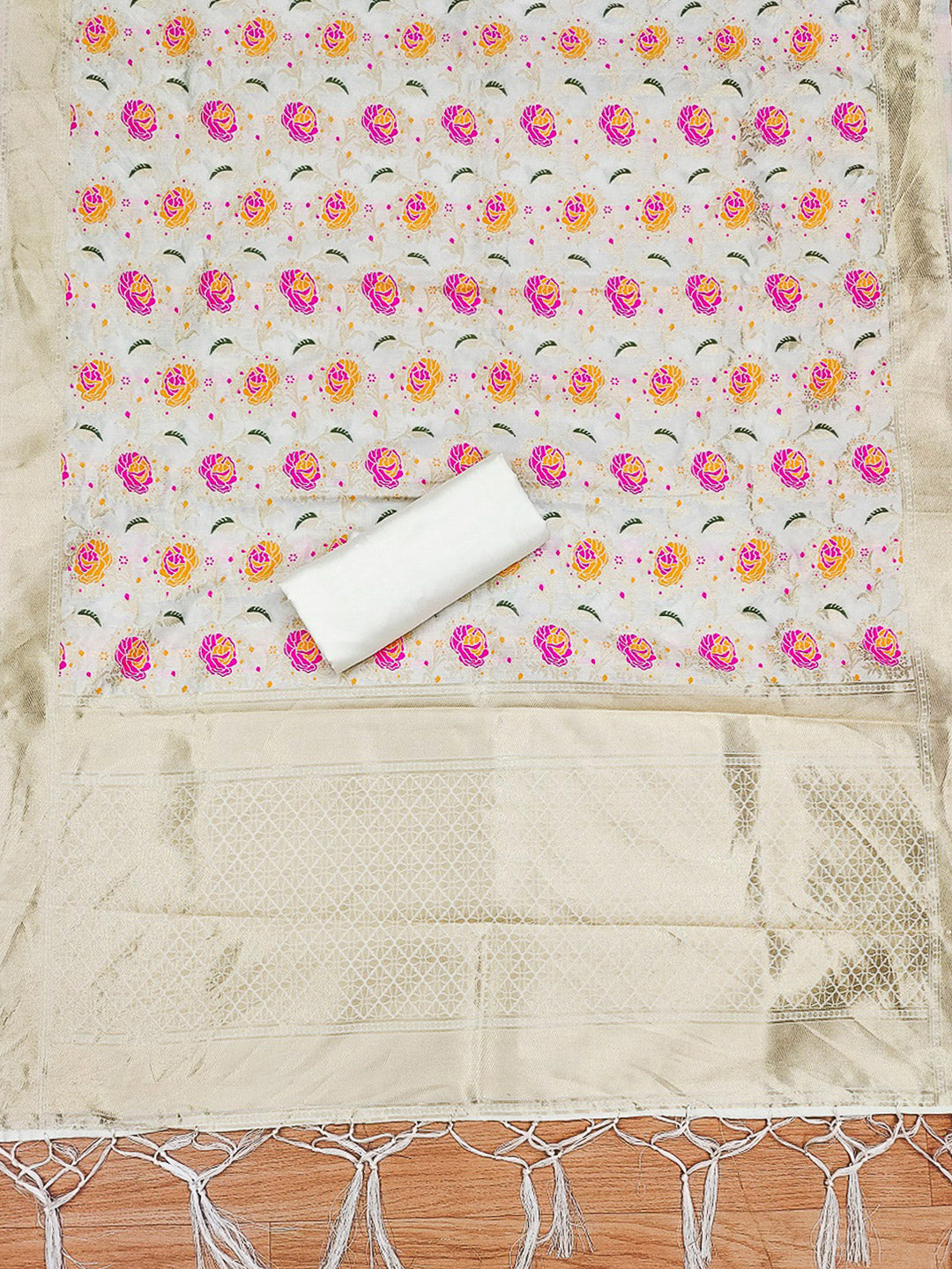White Pure Soft Banarasi Silk Woven Design Unstitched Dress Material