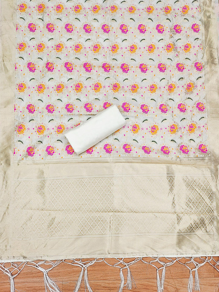 White Pure Soft Banarasi Silk Woven Design Unstitched Dress Material
