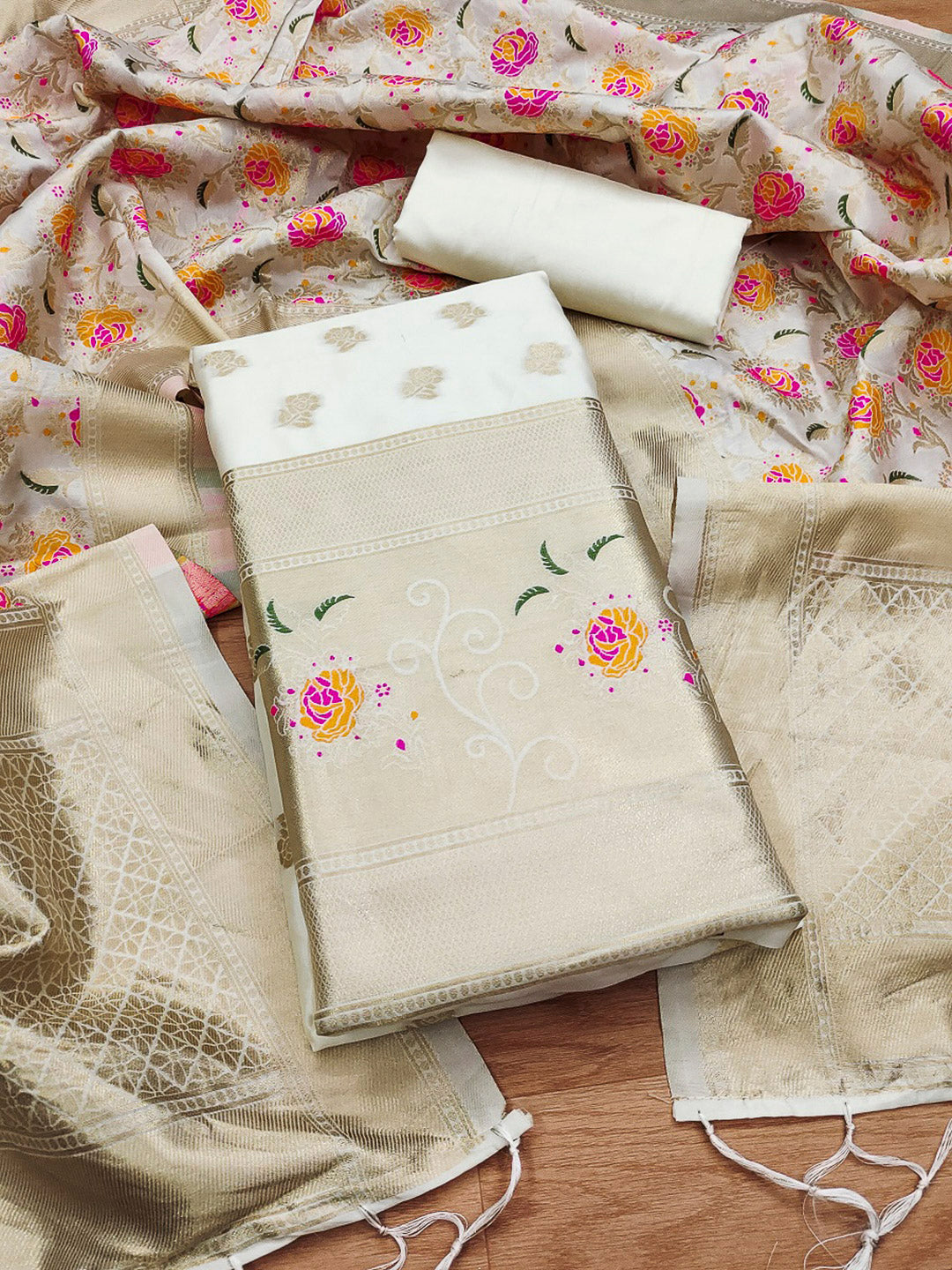 White Pure Soft Banarasi Silk Woven Design Unstitched Dress Material