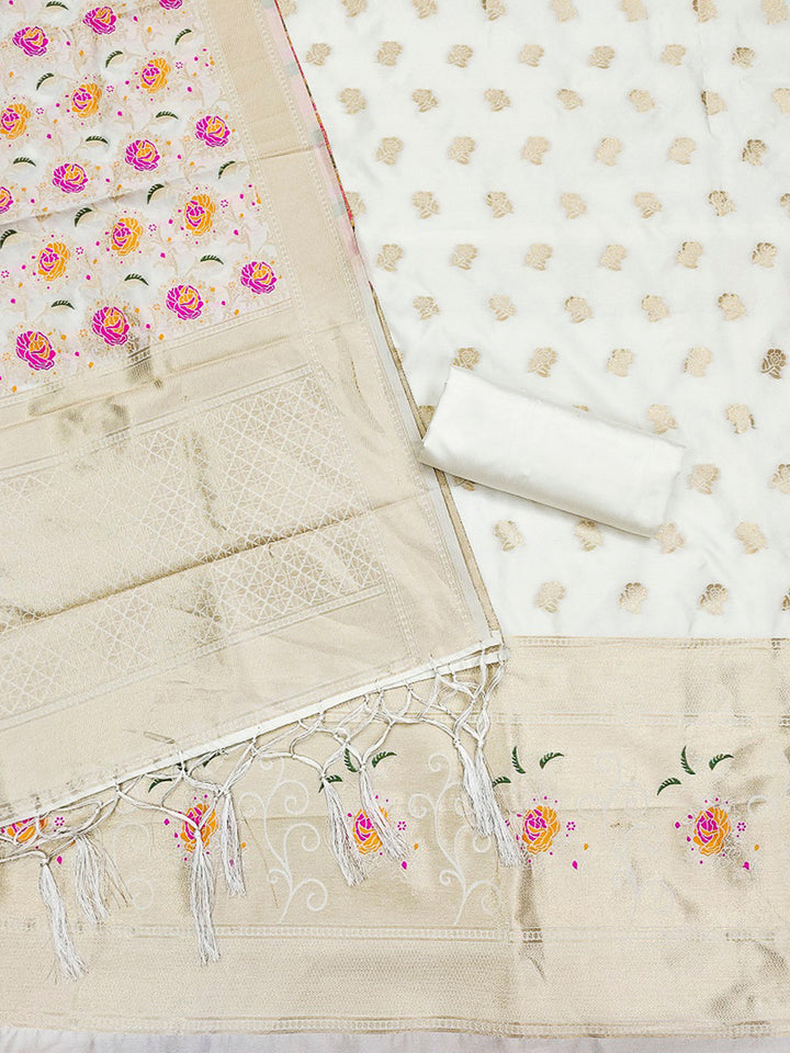 White Pure Soft Banarasi Silk Woven Design Unstitched Dress Material