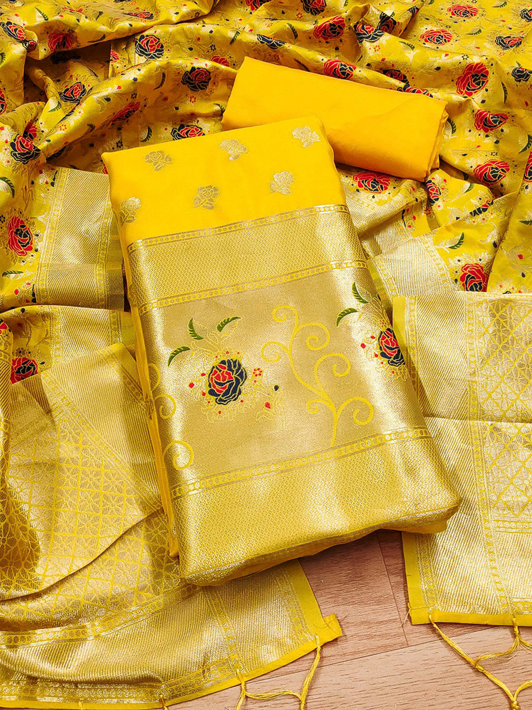 Yellow Pure Soft Banarasi Silk Woven Design Unstitched Dress Material