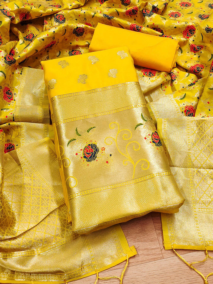Yellow Pure Soft Banarasi Silk Woven Design Unstitched Dress Material