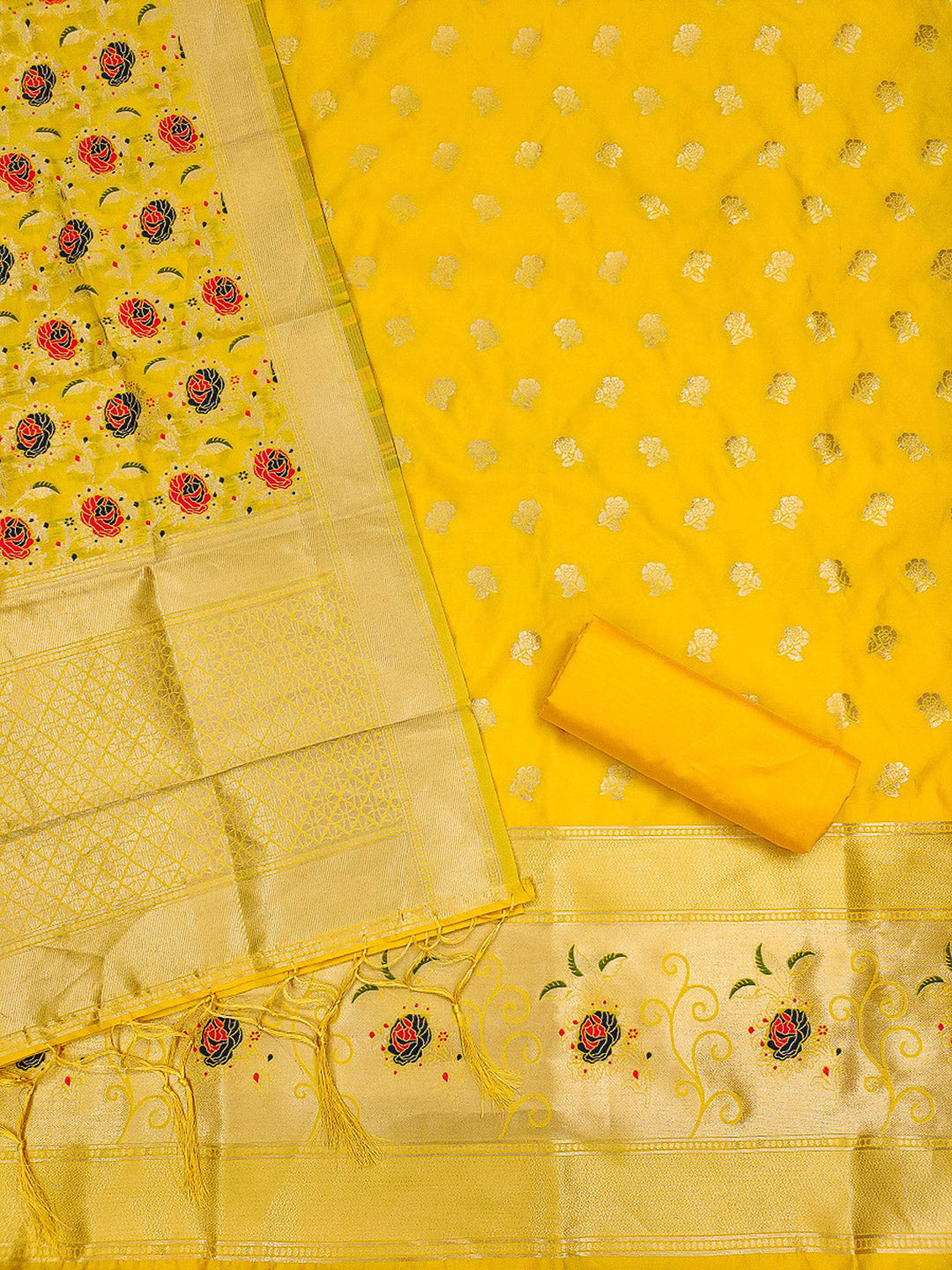 Yellow Pure Soft Banarasi Silk Woven Design Unstitched Dress Material