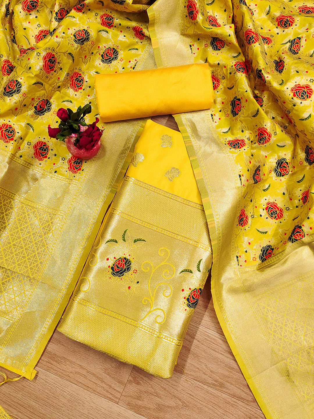 Yellow Pure Soft Banarasi Silk Woven Design Unstitched Dress Material