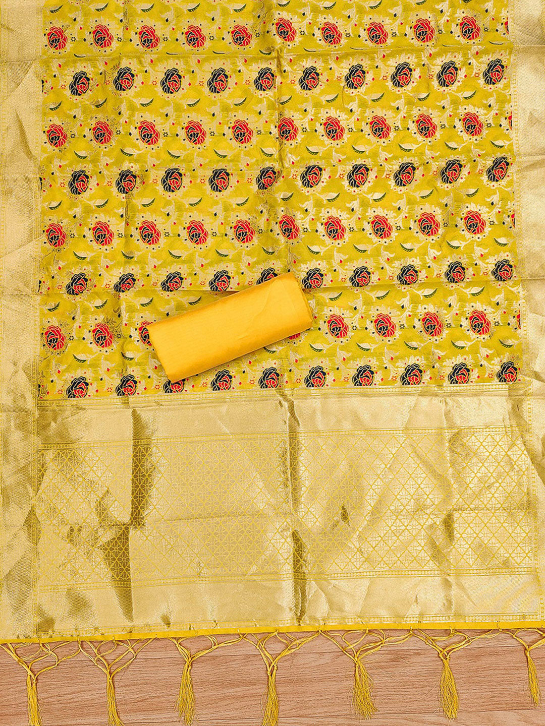 Yellow Pure Soft Banarasi Silk Woven Design Unstitched Dress Material