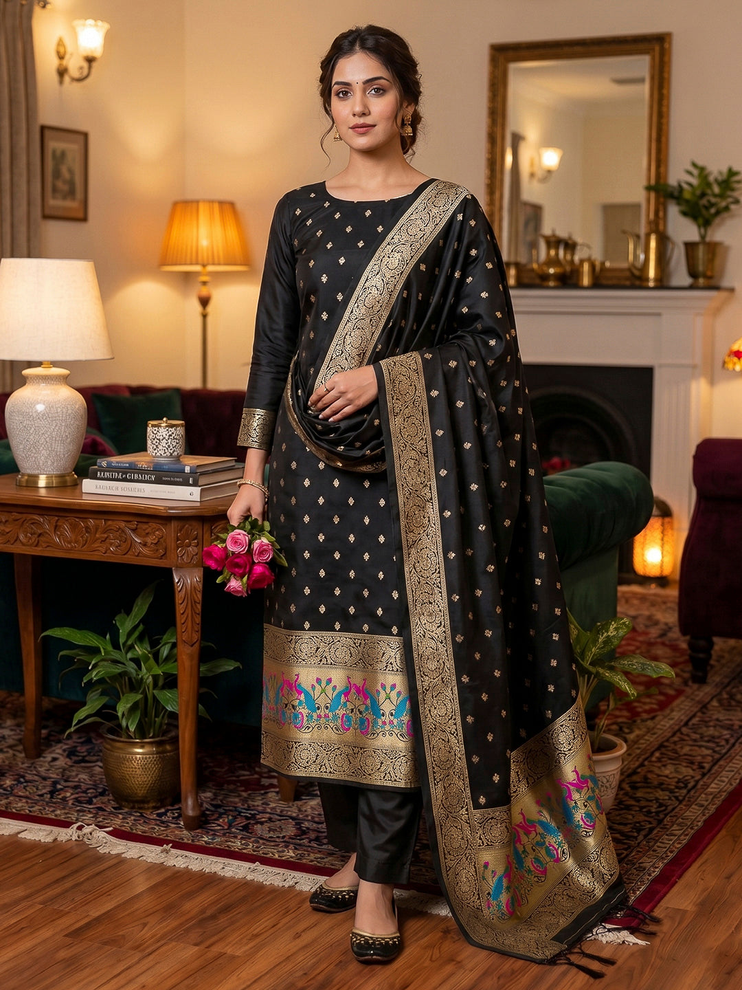 Black Pure Soft Banarasi Silk Woven Design Unstitched Dress Material