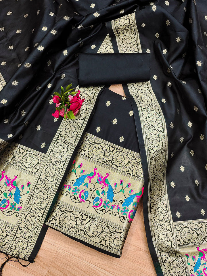 Black Pure Soft Banarasi Silk Woven Design Unstitched Dress Material