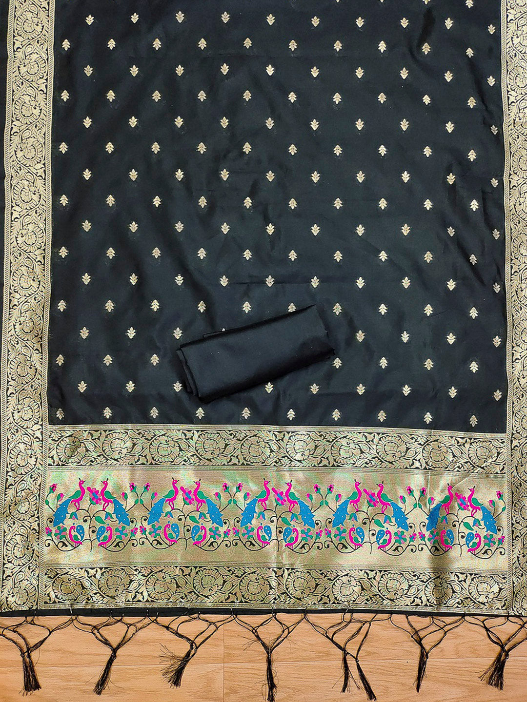 Black Pure Soft Banarasi Silk Woven Design Unstitched Dress Material