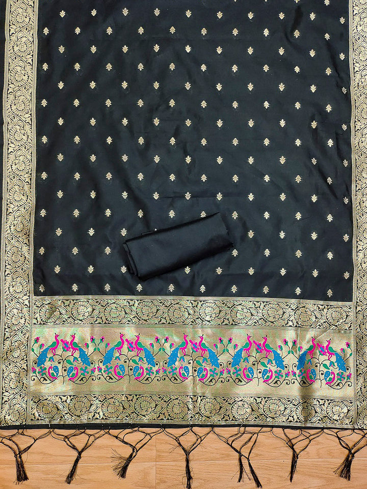 Black Pure Soft Banarasi Silk Woven Design Unstitched Dress Material
