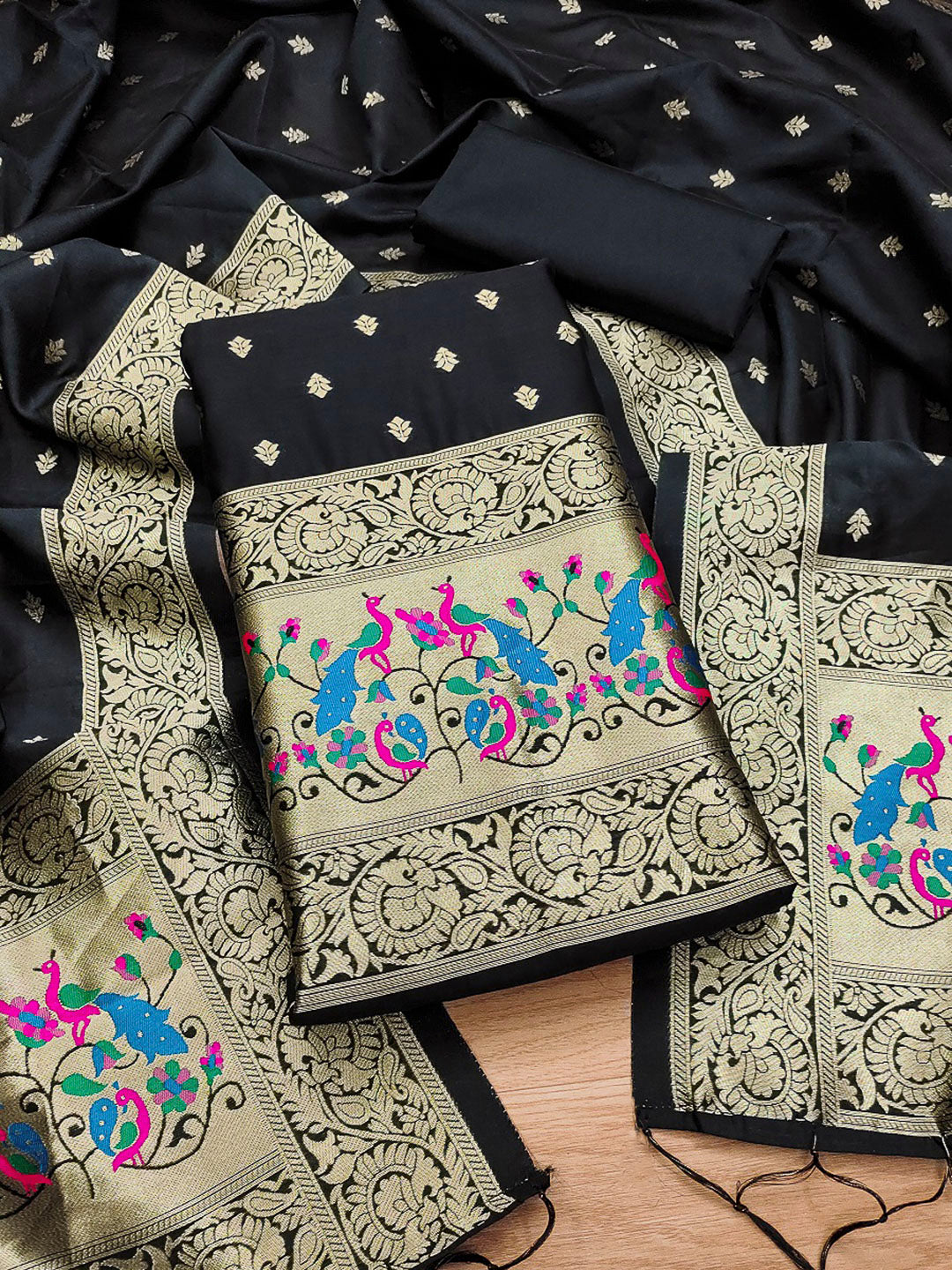 Black Pure Soft Banarasi Silk Woven Design Unstitched Dress Material