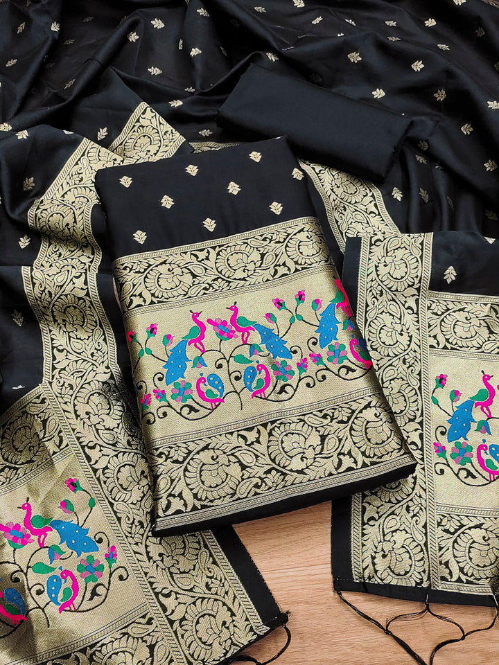 Black Pure Soft Banarasi Silk Woven Design Unstitched Dress Material