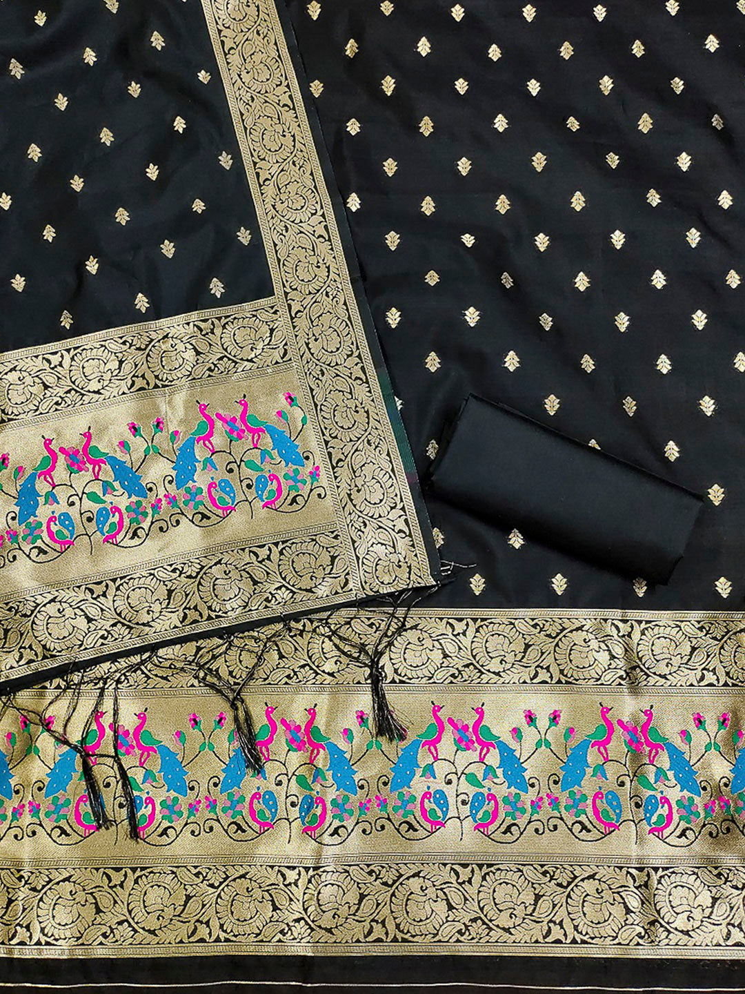 Black Pure Soft Banarasi Silk Woven Design Unstitched Dress Material