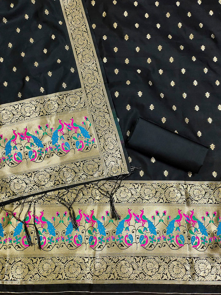 Black Pure Soft Banarasi Silk Woven Design Unstitched Dress Material