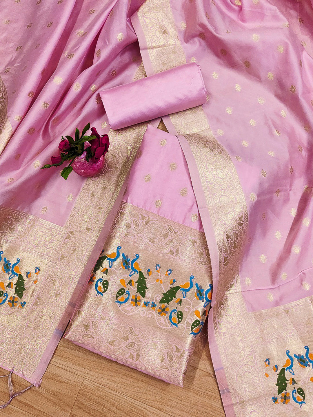 Pink-Lt Pure Soft Banarasi Silk Woven Design Unstitched Dress Material
