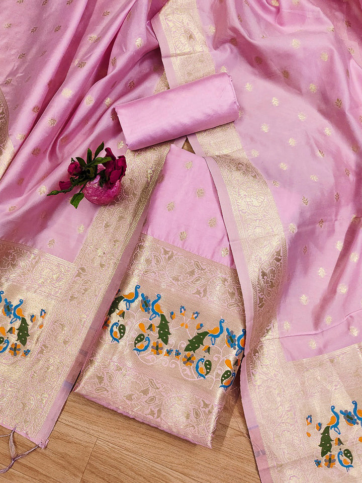 Pink-Lt Pure Soft Banarasi Silk Woven Design Unstitched Dress Material