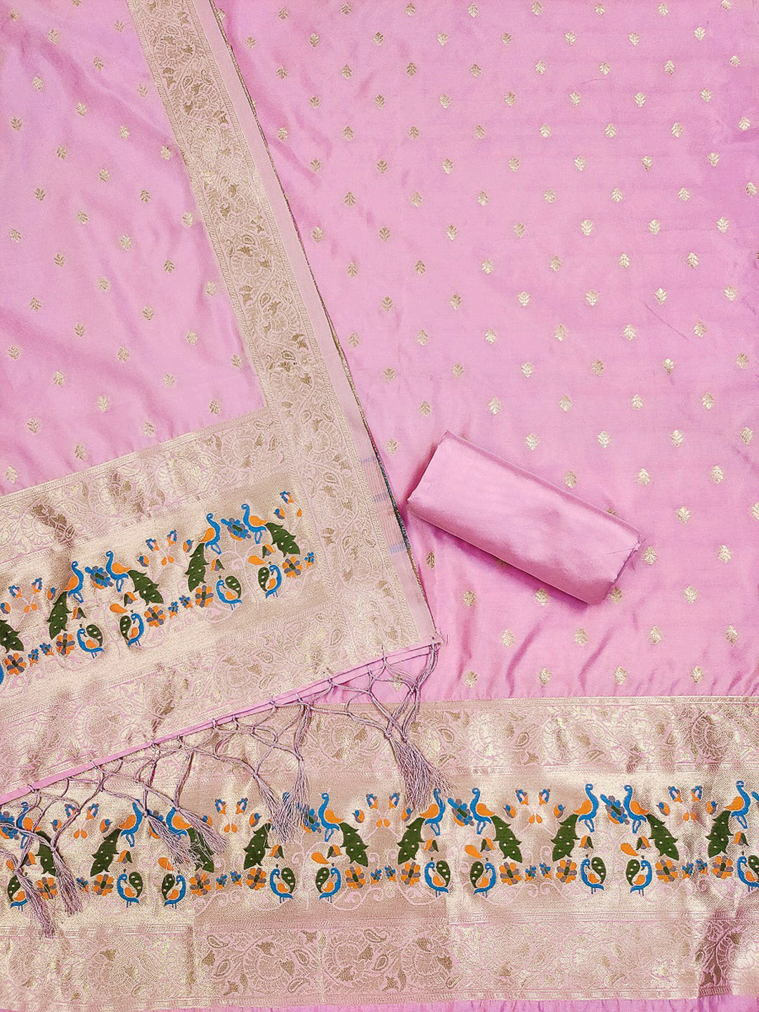 Pink-Lt Pure Soft Banarasi Silk Woven Design Unstitched Dress Material
