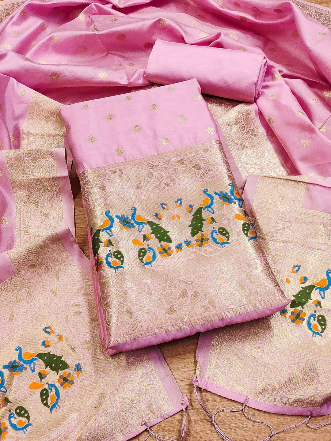 Pink-Lt Pure Soft Banarasi Silk Woven Design Unstitched Dress Material