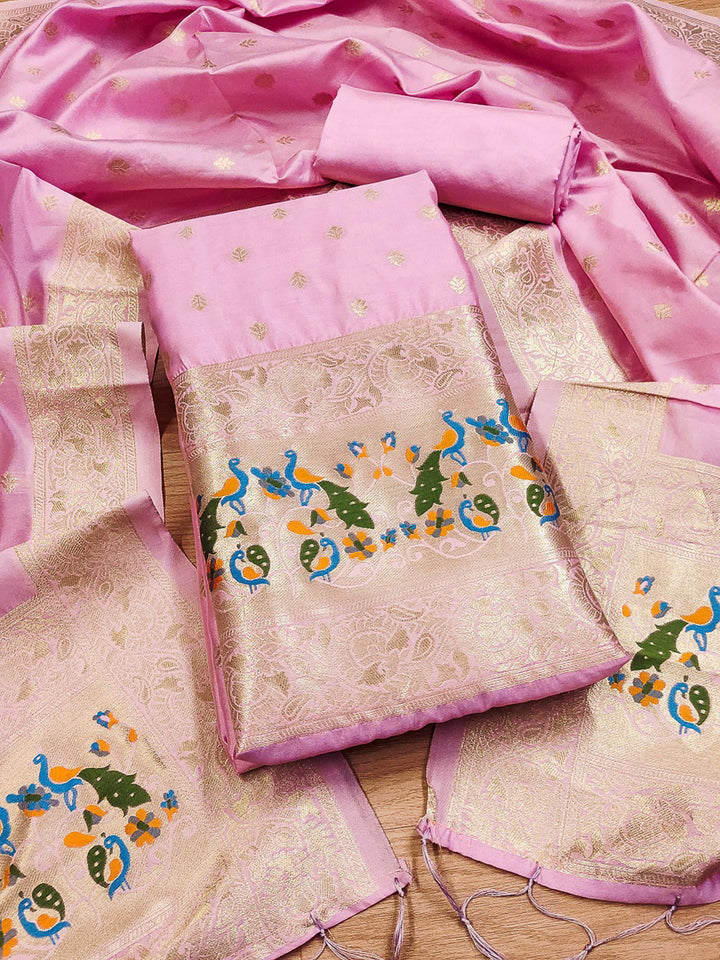 Pink-Lt Pure Soft Banarasi Silk Woven Design Unstitched Dress Material