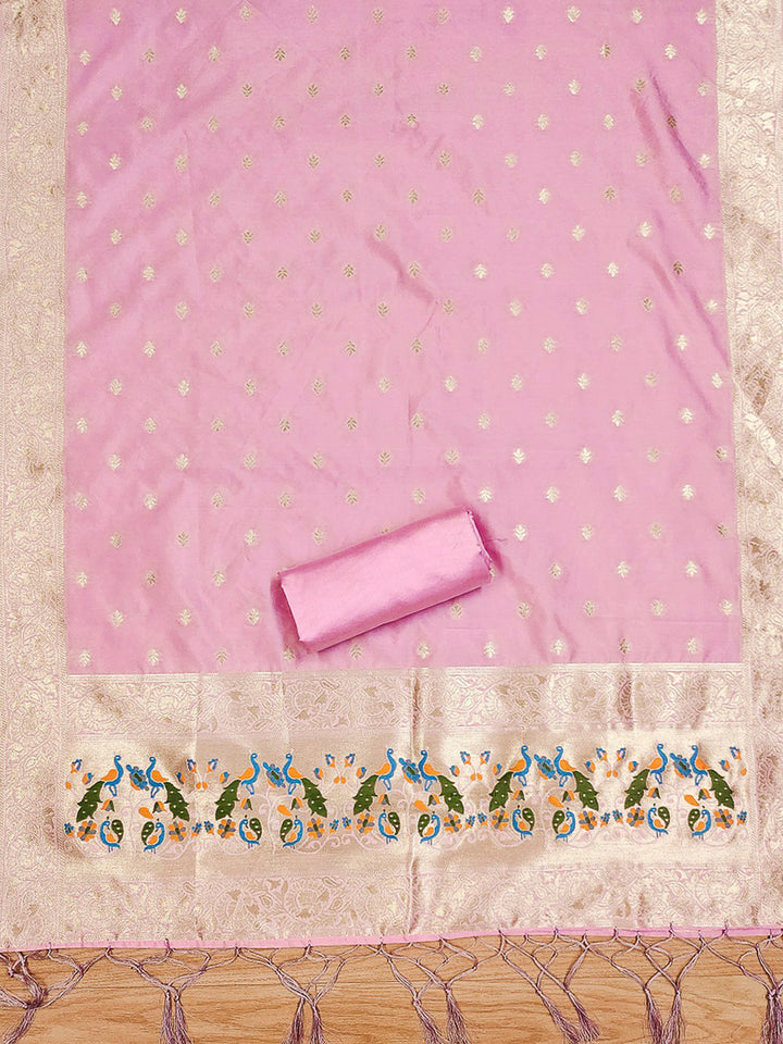 Pink-Lt Pure Soft Banarasi Silk Woven Design Unstitched Dress Material