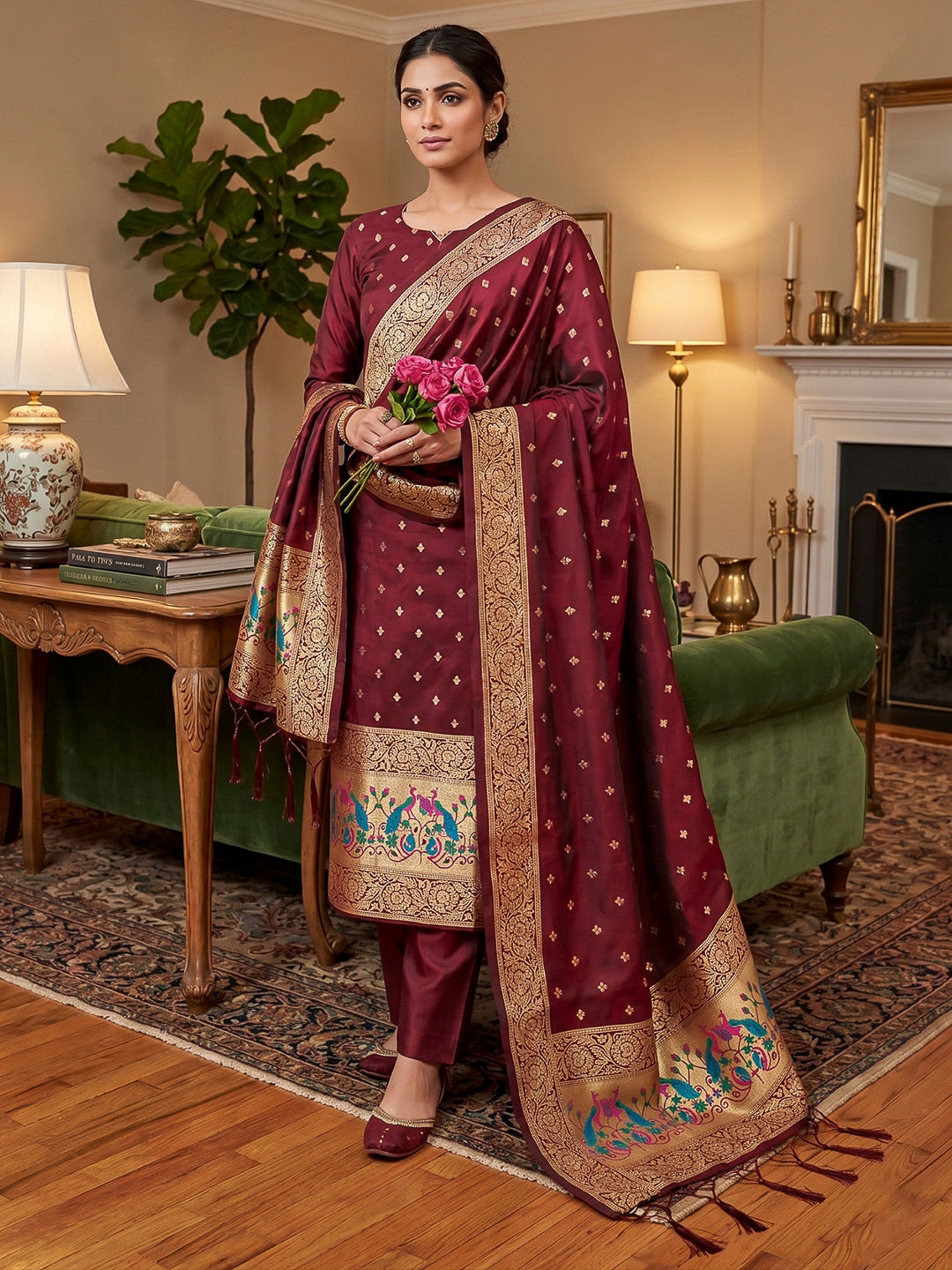 Maroon Pure Soft Banarasi Silk Woven Design Unstitched Dress Material