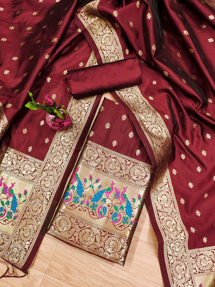 Maroon Pure Soft Banarasi Silk Woven Design Unstitched Dress Material