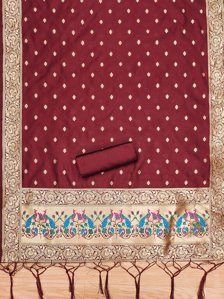 Maroon Pure Soft Banarasi Silk Woven Design Unstitched Dress Material