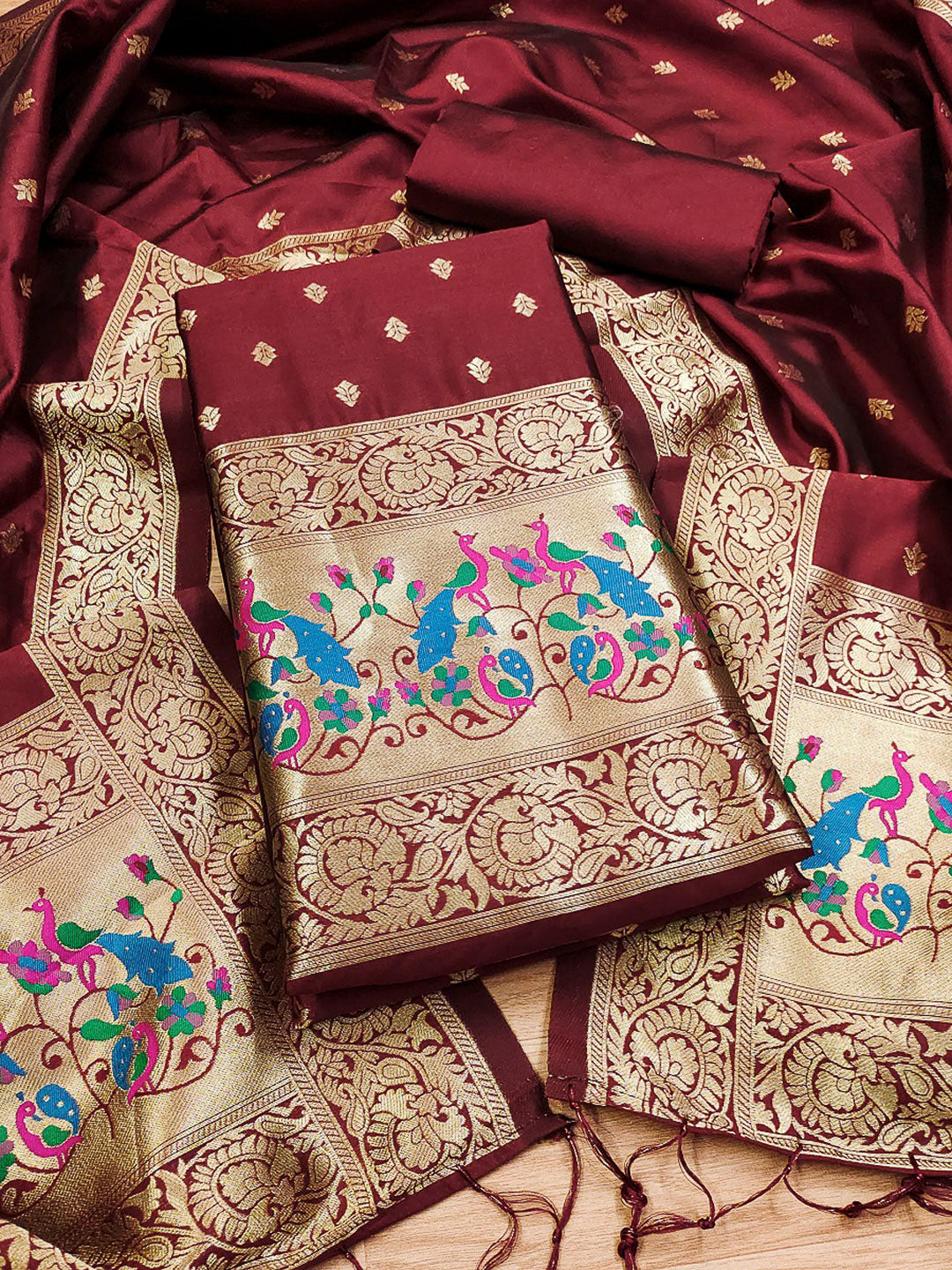 Maroon Pure Soft Banarasi Silk Woven Design Unstitched Dress Material