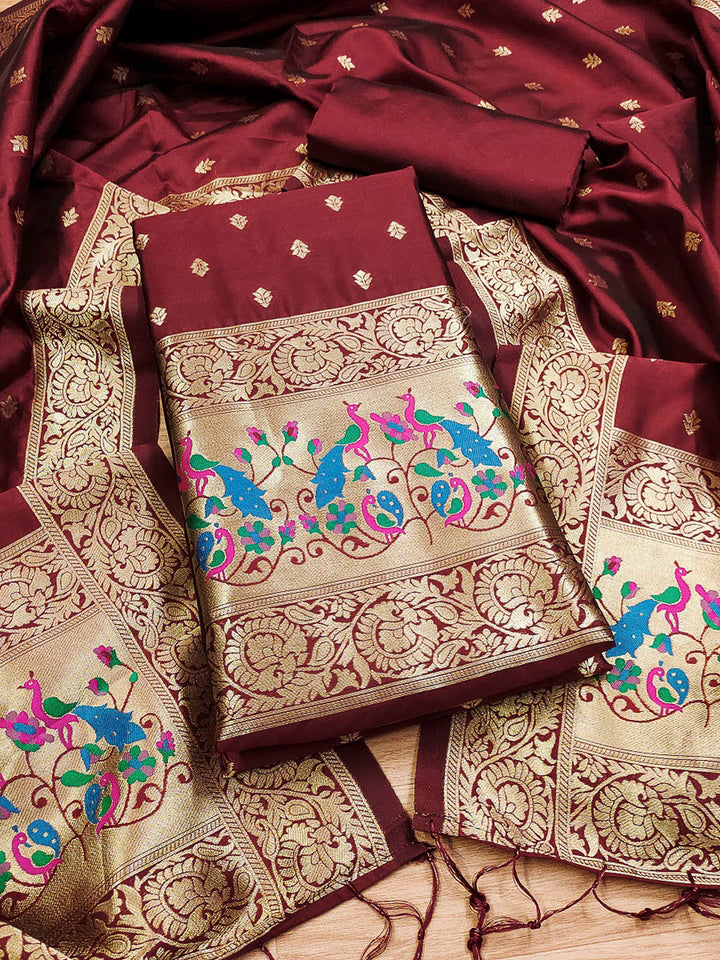 Maroon Pure Soft Banarasi Silk Woven Design Unstitched Dress Material