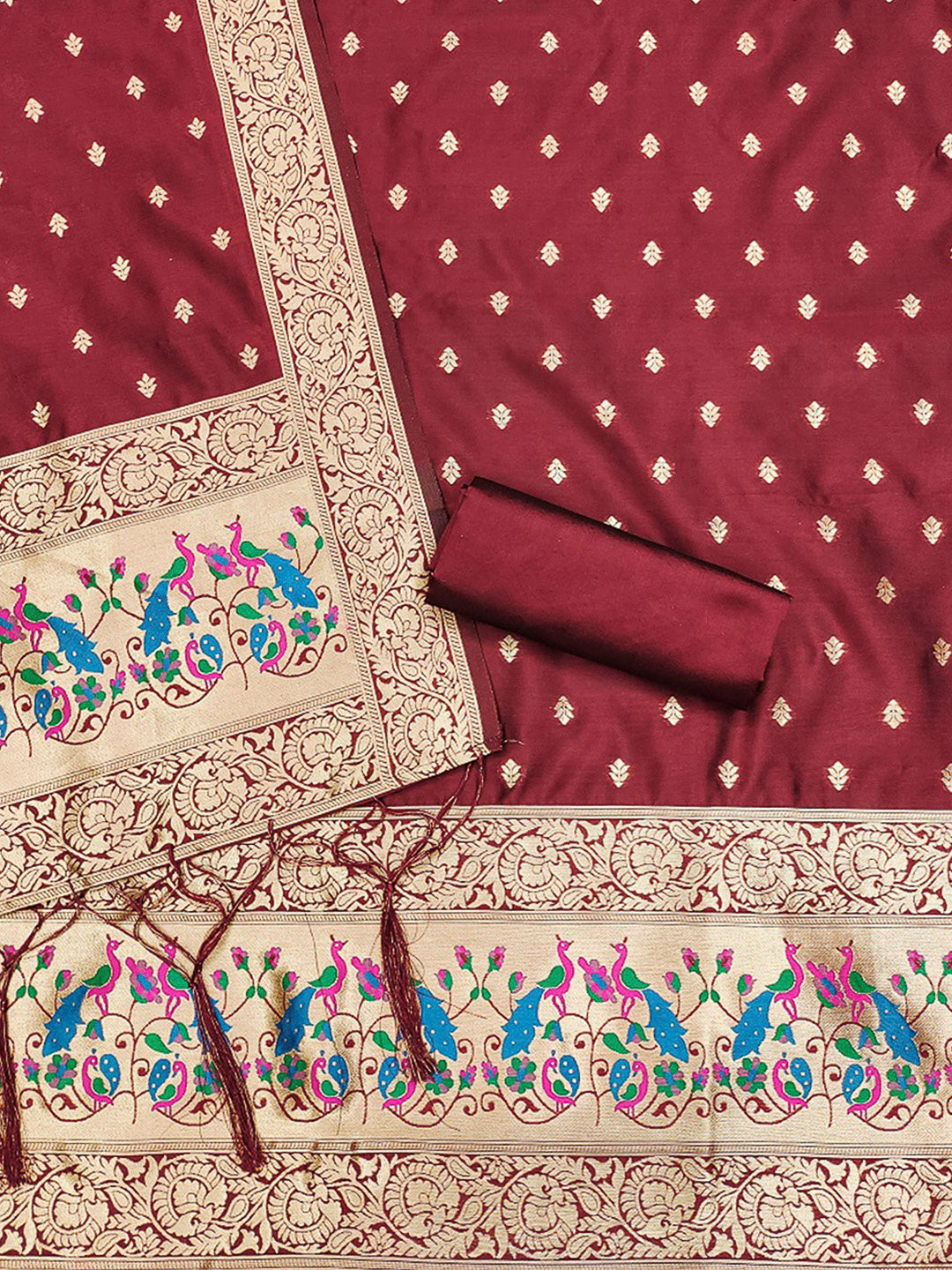 Maroon Pure Soft Banarasi Silk Woven Design Unstitched Dress Material