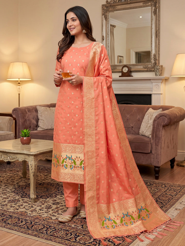 Orange Pure Soft Banarasi Silk Woven Design Unstitched Dress Material