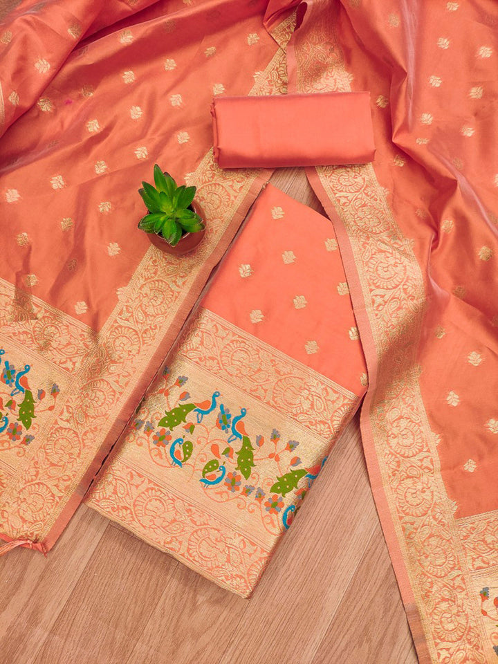Orange Pure Soft Banarasi Silk Woven Design Unstitched Dress Material