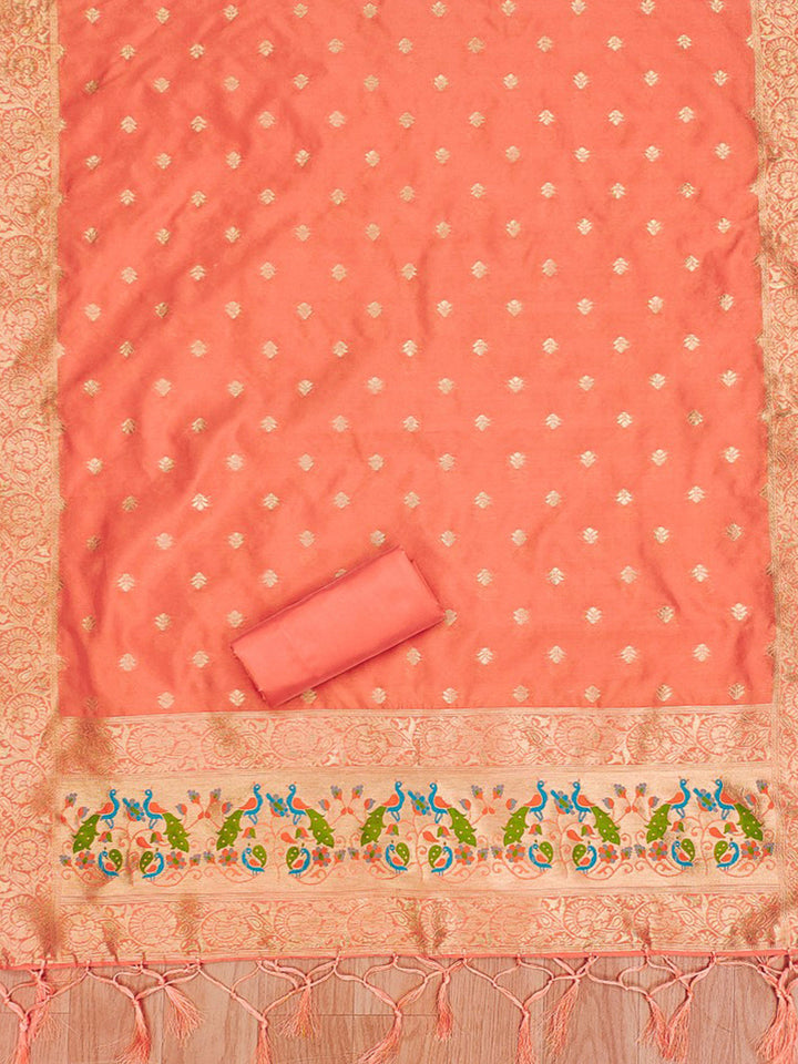 Orange Pure Soft Banarasi Silk Woven Design Unstitched Dress Material