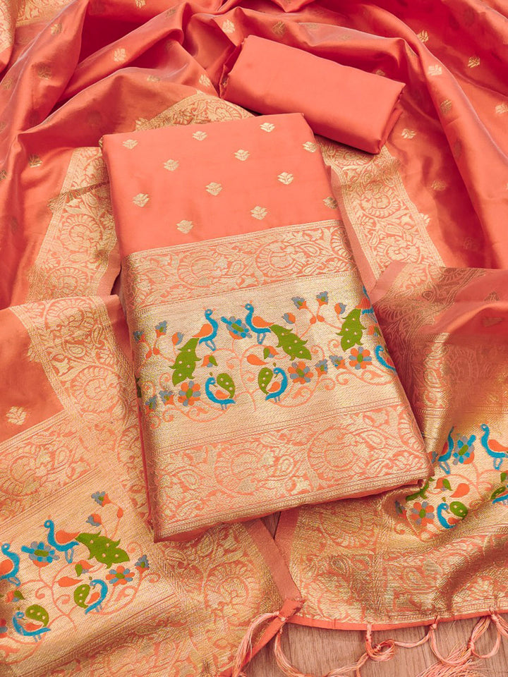 Orange Pure Soft Banarasi Silk Woven Design Unstitched Dress Material