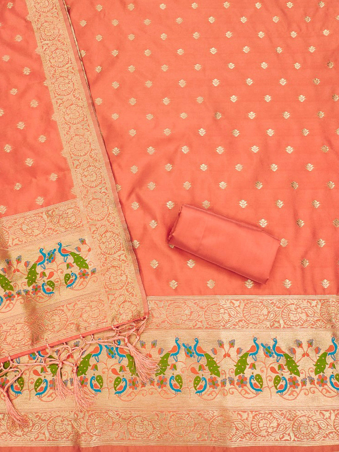 Orange Pure Soft Banarasi Silk Woven Design Unstitched Dress Material