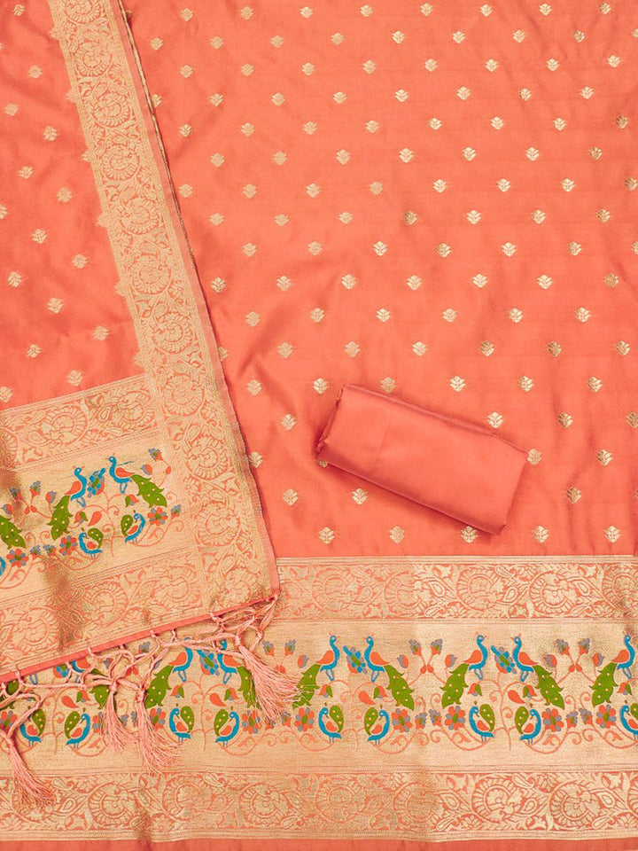 Orange Pure Soft Banarasi Silk Woven Design Unstitched Dress Material