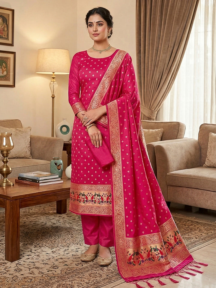 Pink Pure Soft Banarasi Silk Woven Design Unstitched Dress Material