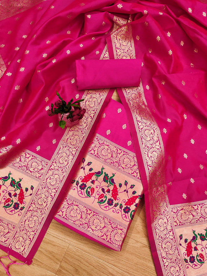 Pink Pure Soft Banarasi Silk Woven Design Unstitched Dress Material