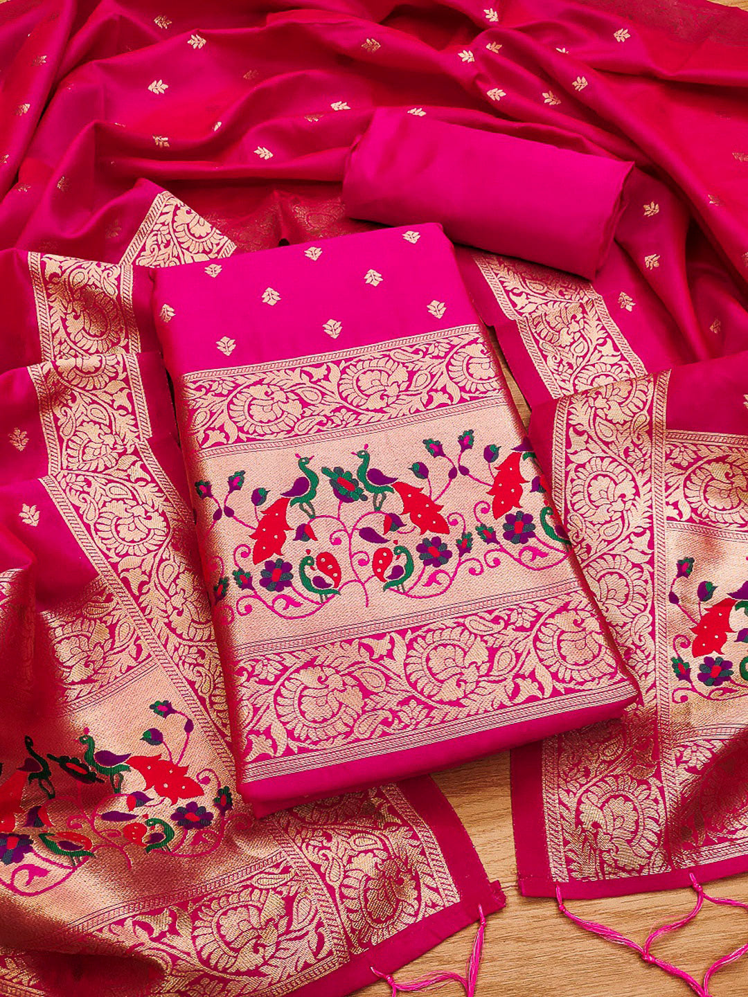 Pink Pure Soft Banarasi Silk Woven Design Unstitched Dress Material