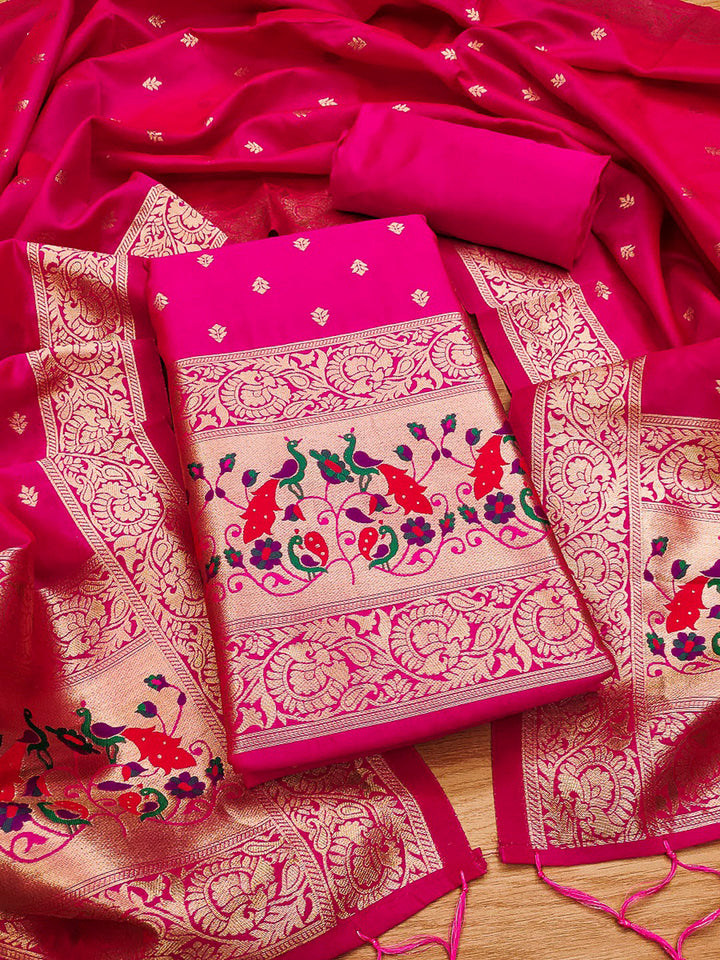 Pink Pure Soft Banarasi Silk Woven Design Unstitched Dress Material