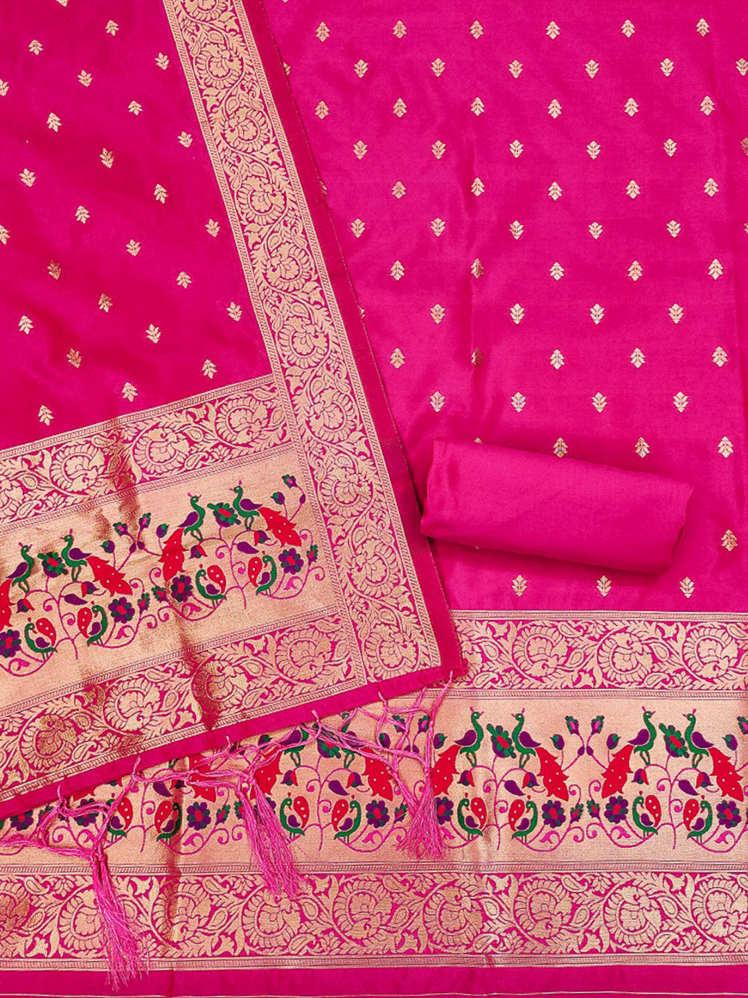 Pink Pure Soft Banarasi Silk Woven Design Unstitched Dress Material