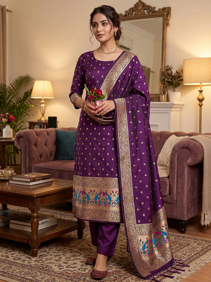 Purple Pure Soft Banarasi Silk Woven Design Unstitched Dress Material