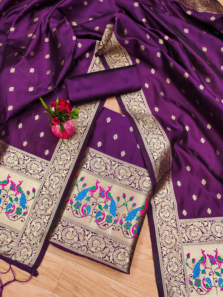 Purple Pure Soft Banarasi Silk Woven Design Unstitched Dress Material