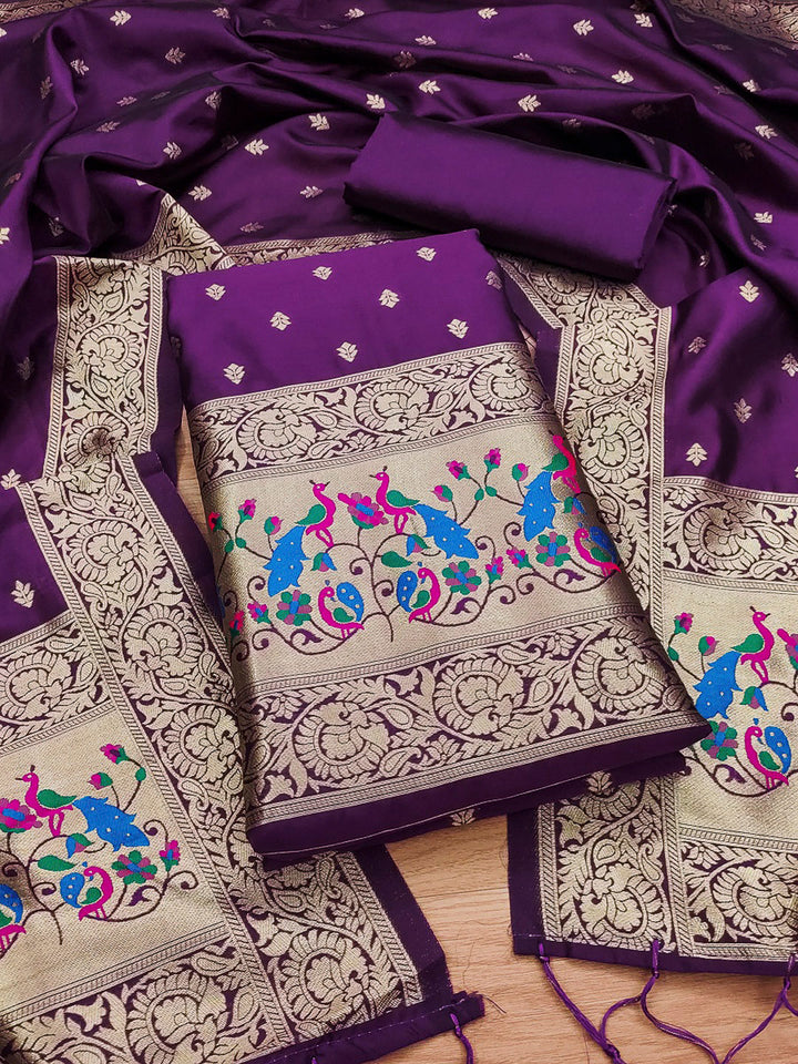 Purple Pure Soft Banarasi Silk Woven Design Unstitched Dress Material