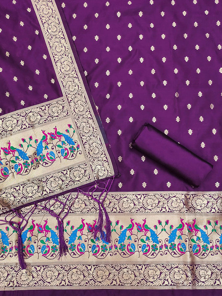 Purple Pure Soft Banarasi Silk Woven Design Unstitched Dress Material